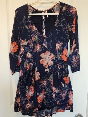 Navy Floral V-Neck Dress - Navy with Coral & Pink Floral Free People Size 0